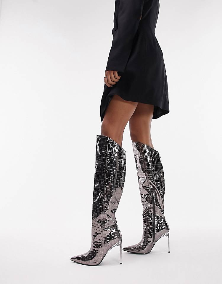 Topshop Milo thigh high metal heel boots in pewter